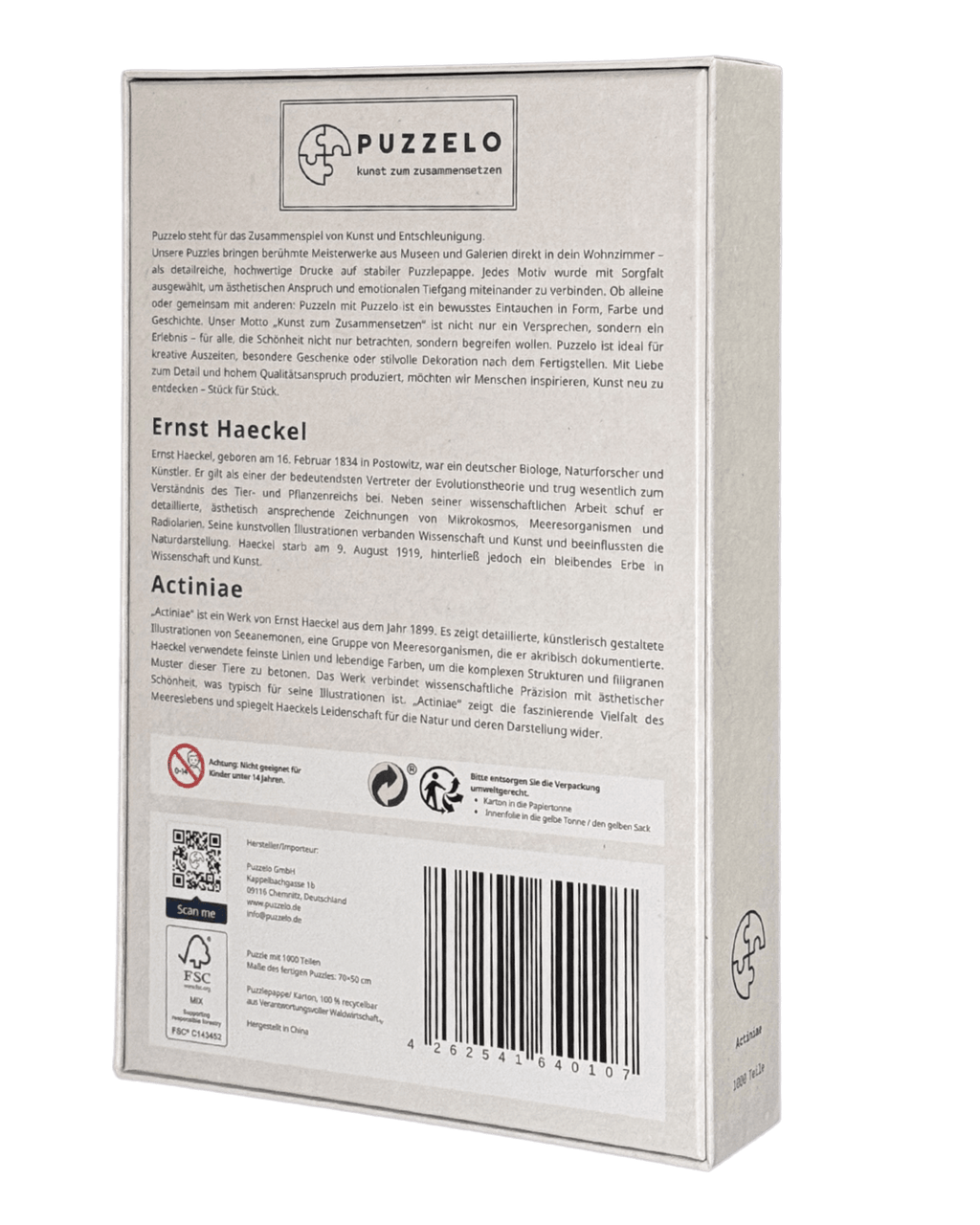 Actiniae – Ernst Haeckel Puzzle Kunstwerk, 1000 Teile, Verpackung Rückseite mit Details