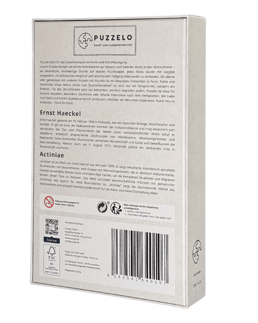 Actiniae – Ernst Haeckel Puzzle Kunstwerk, 1000 Teile, Verpackung Rückseite mit Details