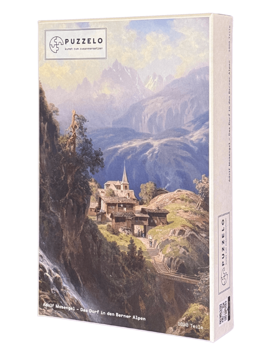 Das Dorf in den Berner Alpen – Adolf Mosengel, Puzzle Kunstwerk, 1000 Teile, Verpackung Vorderseite