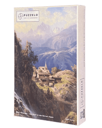 Das Dorf in den Berner Alpen – Adolf Mosengel, Puzzle Kunstwerk, 1000 Teile, Verpackung Vorderseite