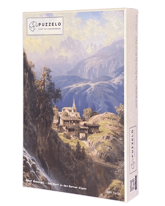 Das Dorf in den Berner Alpen – Adolf Mosengel, Puzzle Kunstwerk, 1000 Teile, Verpackung Vorderseite