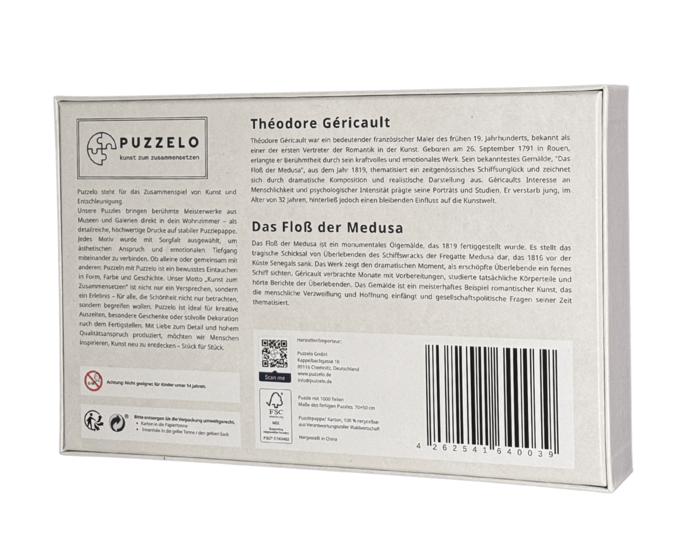Das Floß der Medusa – Théodore Géricault Puzzle Kunstwerk, 1000 Teile, Verpackung Rückseite mit Details