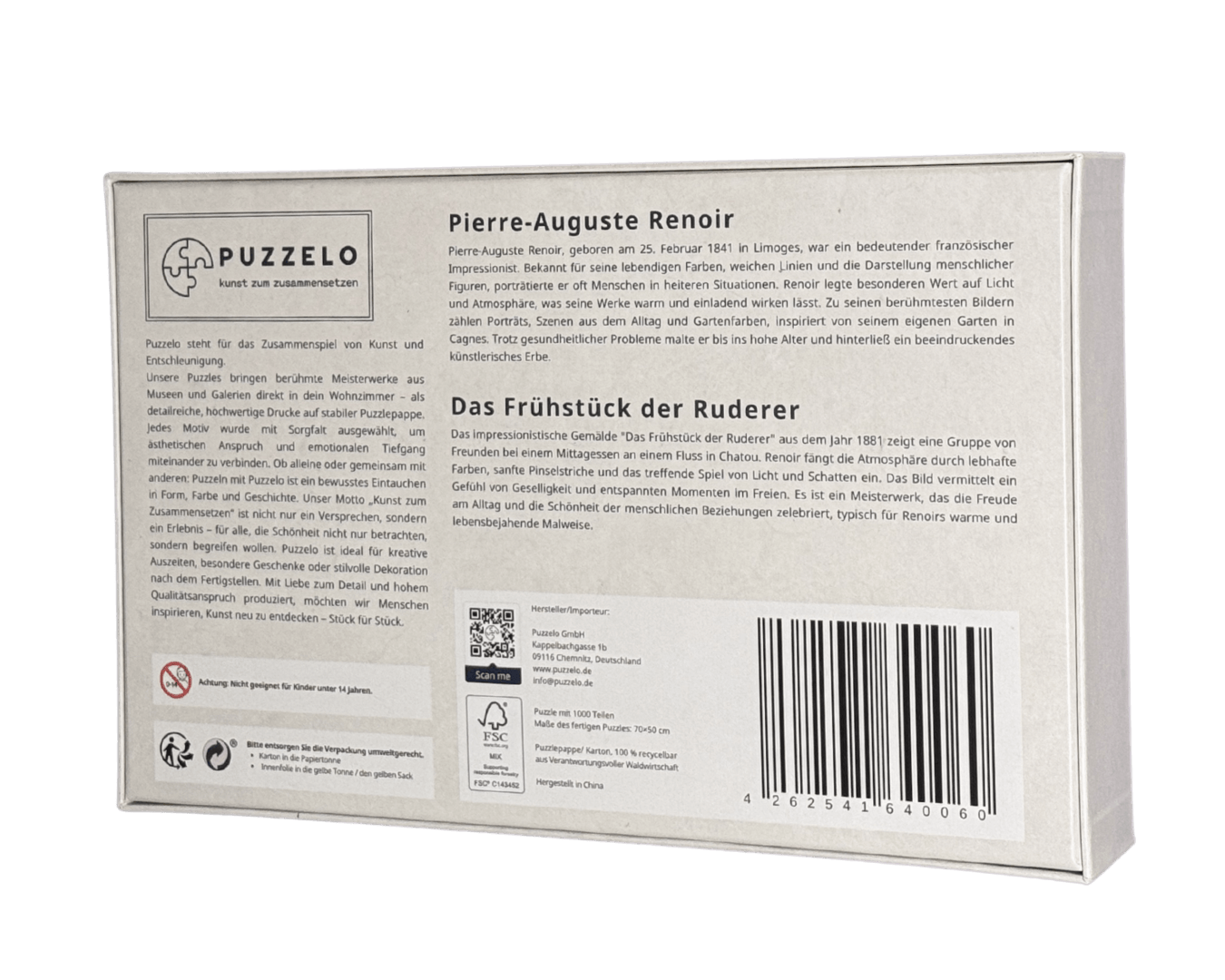 Das Frühstück der Ruderer – Renoir Puzzle Kunstwerk, 1000 Teile, Verpackung Rückseite mit Details