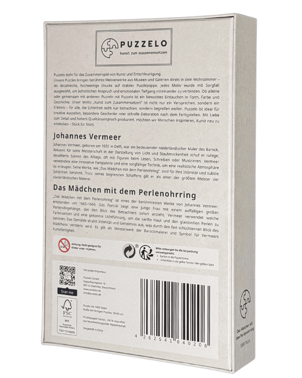 Das Mädchen mit dem Perlenohrring – Vermeer Puzzle Kunstwerk, 1000 Teile, Verpackung Rückseite mit Details