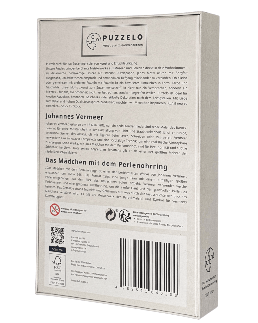 Das Mädchen mit dem Perlenohrring – Vermeer Puzzle Kunstwerk, 1000 Teile, Verpackung Rückseite mit Details