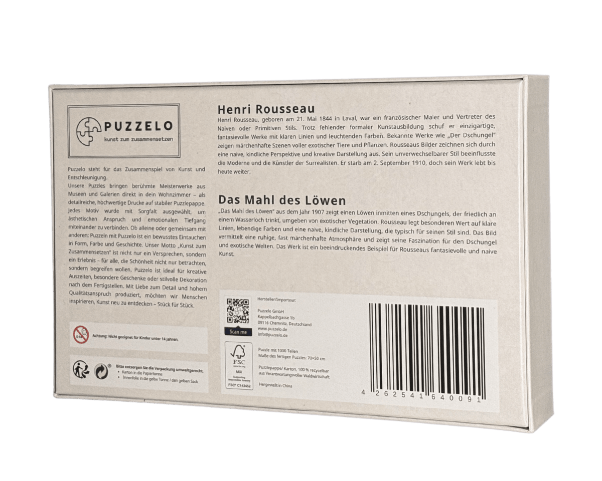 Das Mahl des Löwen – Henri Rousseau Puzzle Kunstwerk, 1000 Teile, Verpackung Rückseite mit Details