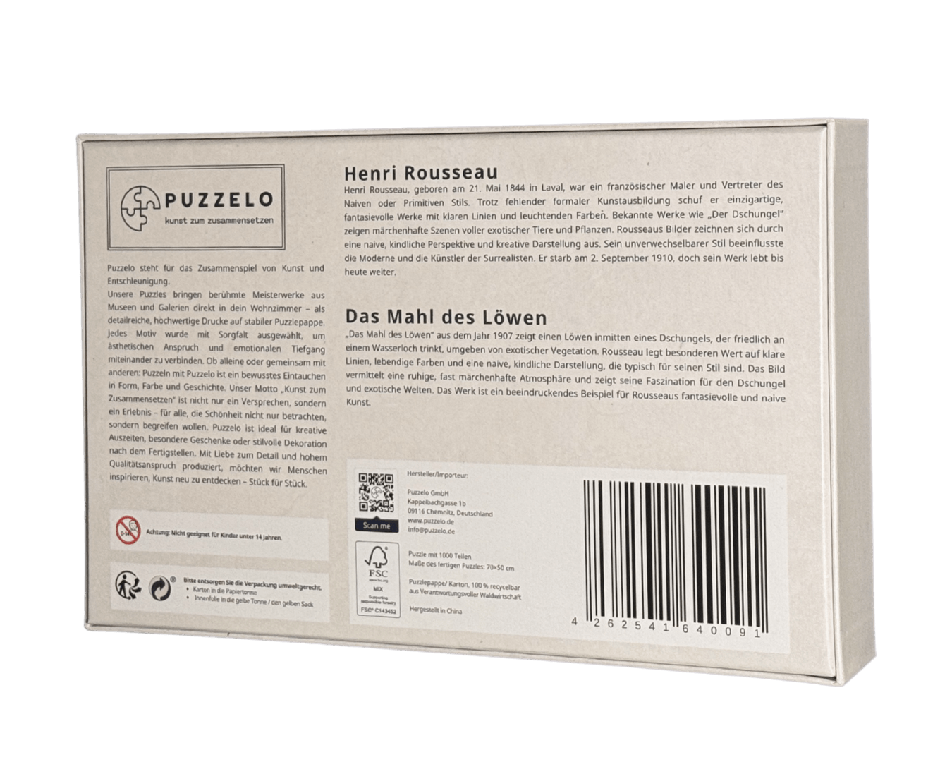 Das Mahl des Löwen – Henri Rousseau Puzzle Kunstwerk, 1000 Teile, Verpackung Rückseite mit Details