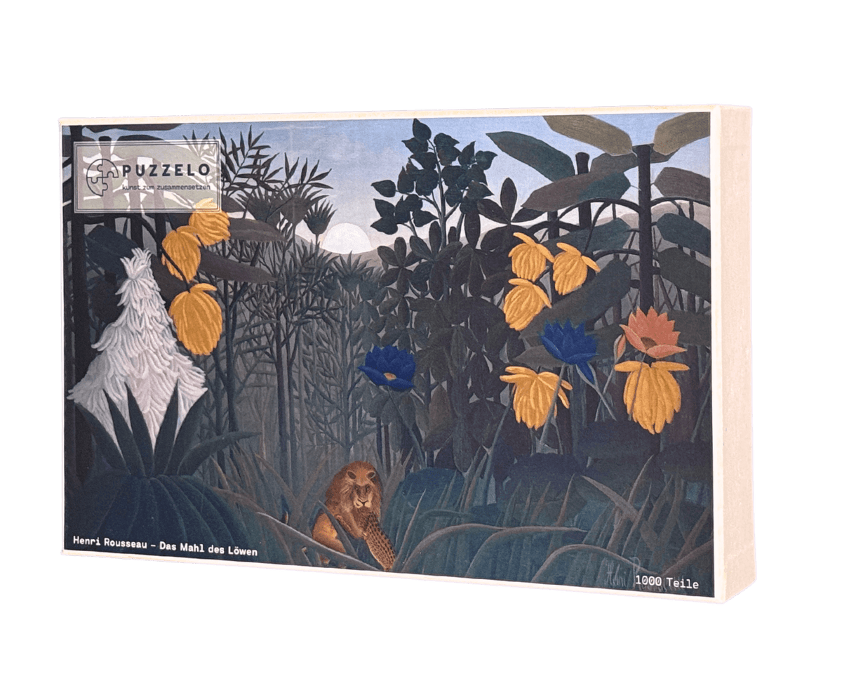 Das Mahl des Löwen – Henri Rousseau Puzzle Kunstwerk, 1000 Teile, Verpackung Vorderseite