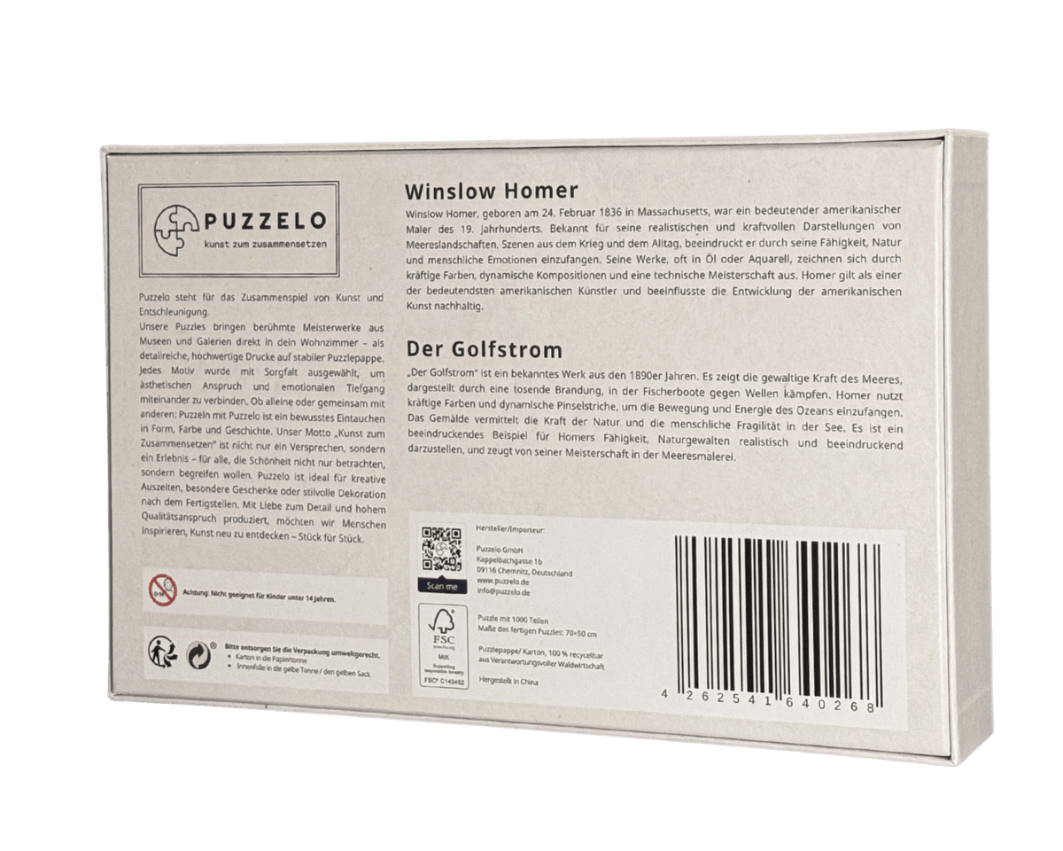 Der Golfstrom – Winslow Homer Kunstpuzzle, 1000 Teile, Verpackung Rückseite mit Produktdetails