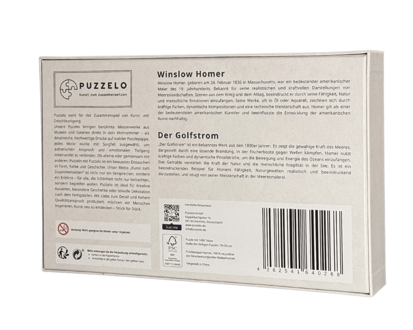 Der Golfstrom – Winslow Homer Kunstpuzzle, 1000 Teile, Verpackung Rückseite mit Produktdetails