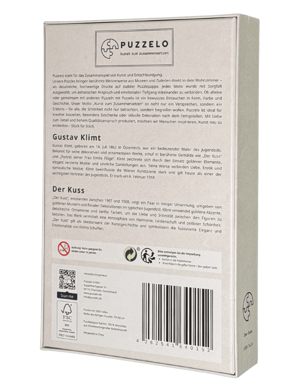 Der Kuss – Gustav Klimt Puzzle Kunstwerk, 1000 Teile, Verpackung Rückseite mit Details
