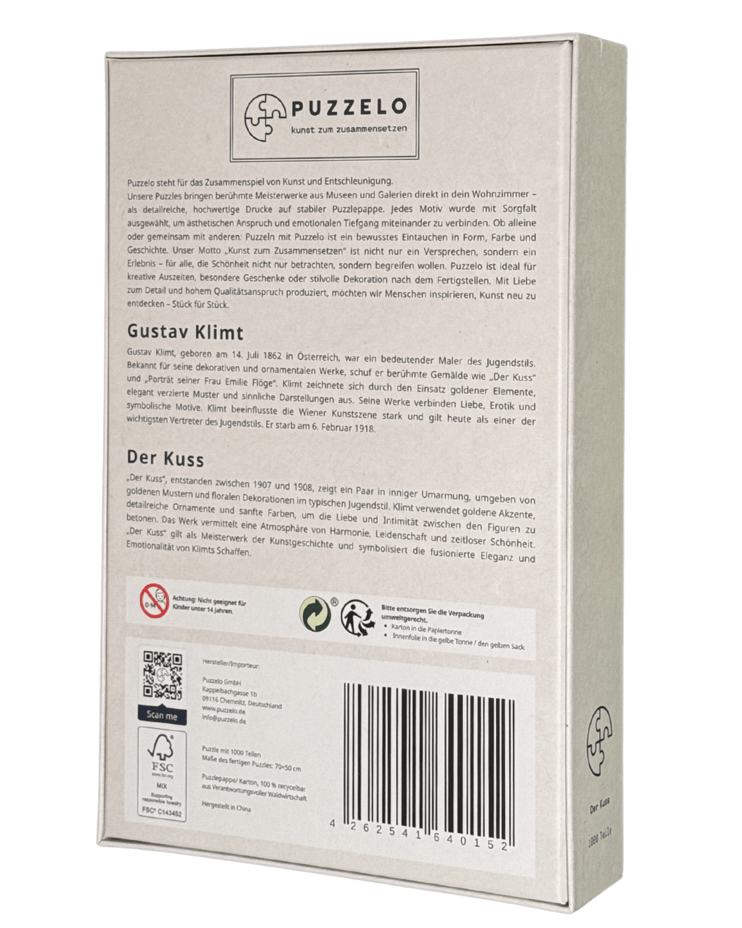 Der Kuss – Gustav Klimt Puzzle Kunstwerk, 1000 Teile, Verpackung Rückseite mit Details
