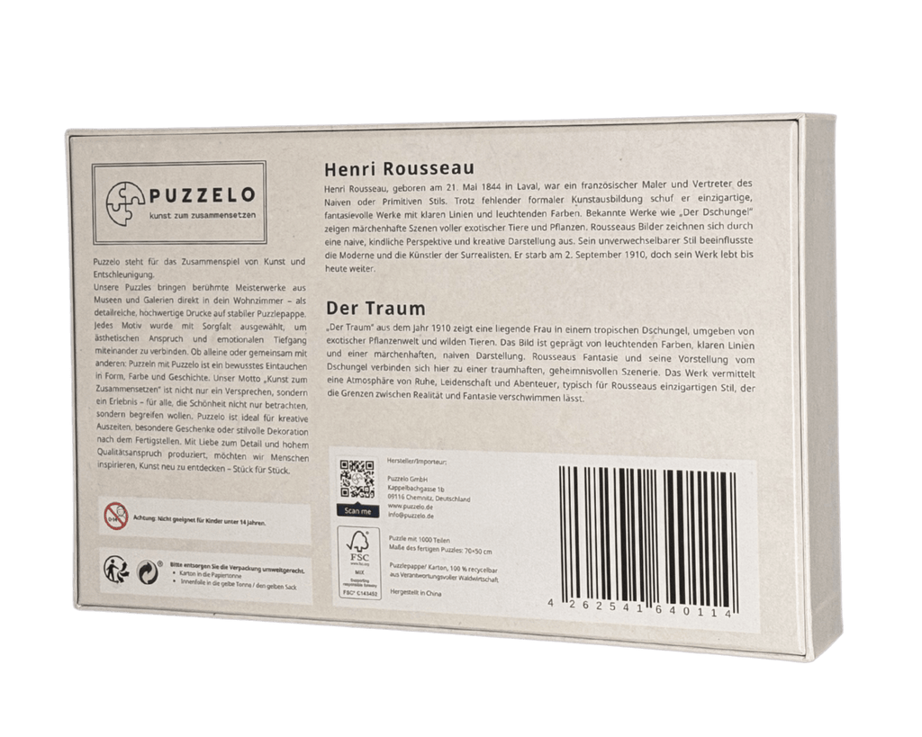 Der Traum – Henri Rousseau Puzzle Kunstwerk, 1000 Teile, Verpackung Rückseite mit Details