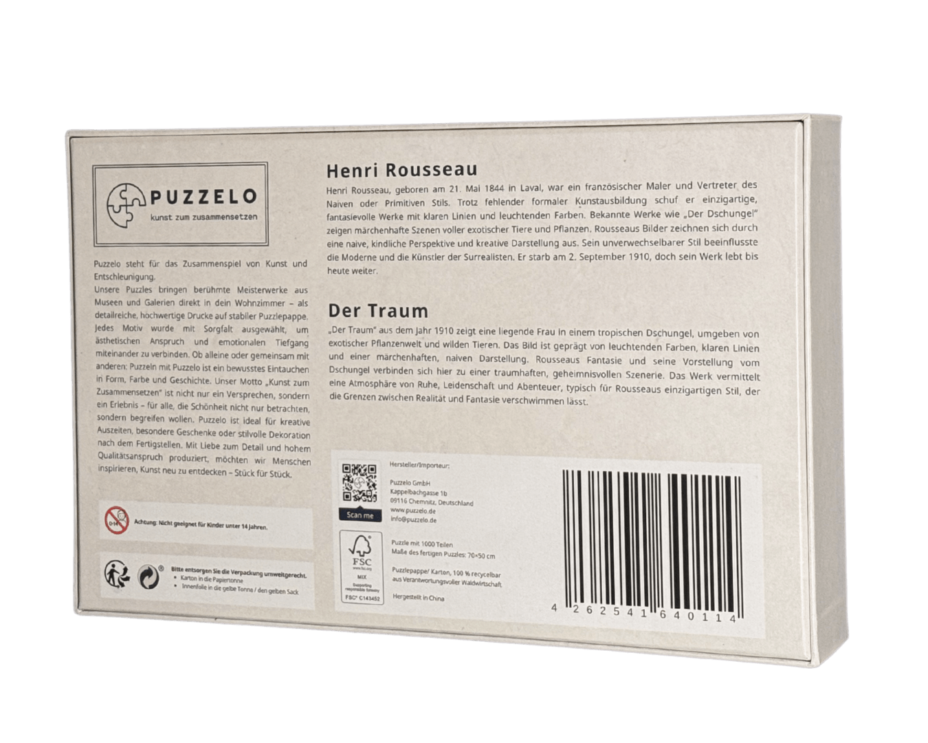 Der Traum – Henri Rousseau Puzzle Kunstwerk, 1000 Teile, Verpackung Rückseite mit Details