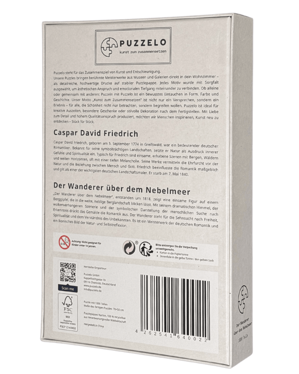 Der Wanderer über dem Nebelmeer – Caspar David Friedrich Puzzle Kunstwerk, 1000 Teile, Verpackung Rückseite mit Details
