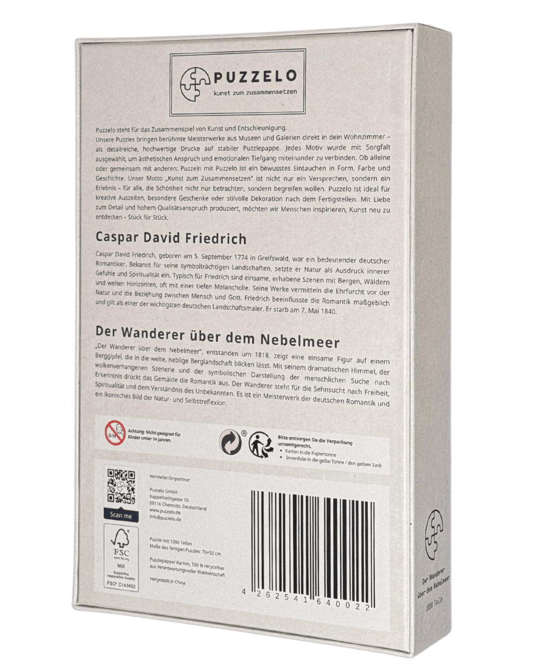 Der Wanderer über dem Nebelmeer – Caspar David Friedrich Puzzle Kunstwerk, 1000 Teile, Verpackung Rückseite mit Details