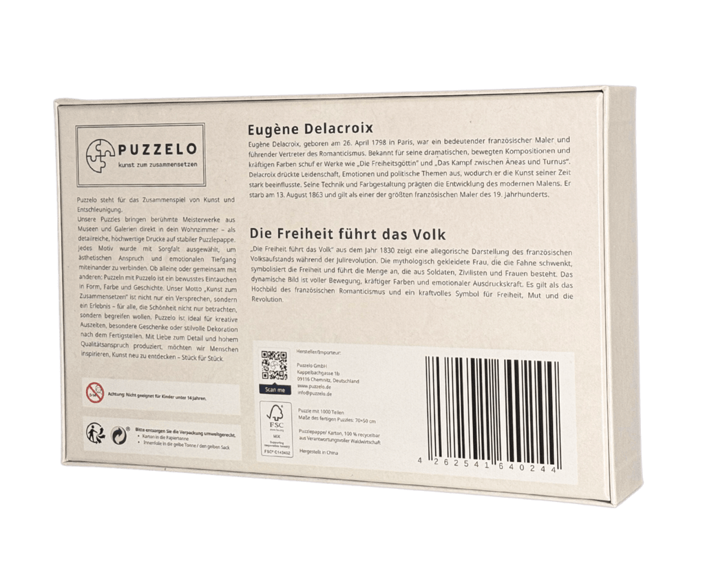 Die Freiheit führt das Volk – Delacroix Kunstpuzzle, 1000 Teile, Verpackung Rückseite mit Details