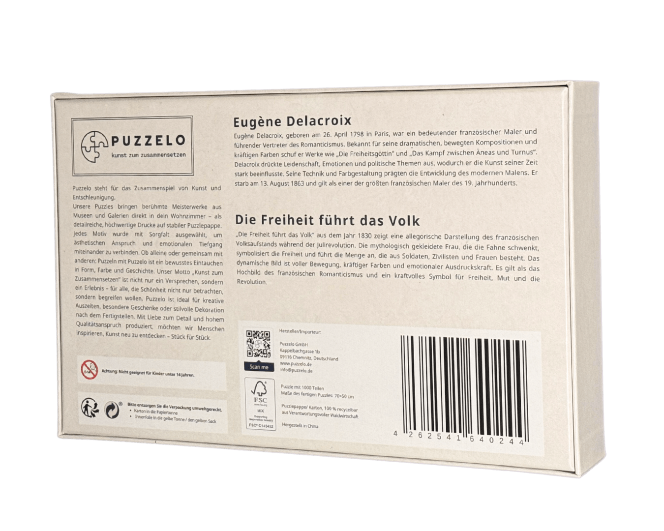 Die Freiheit führt das Volk – Delacroix Kunstpuzzle, 1000 Teile, Verpackung Rückseite mit Details