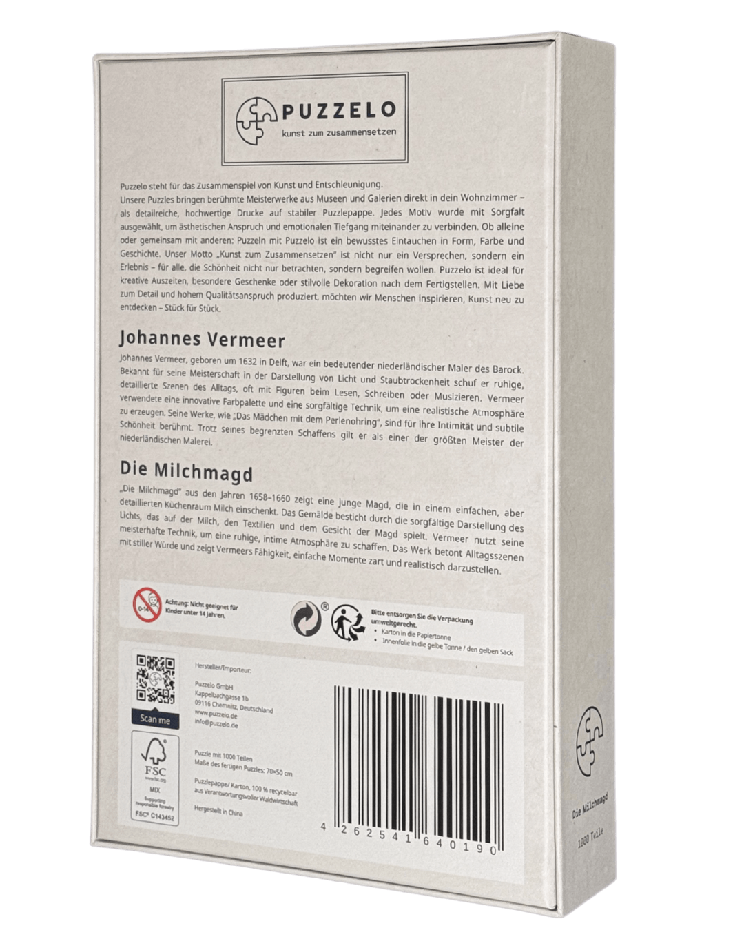 Die Milchmagd – Vermeer Puzzle Kunstwerk, 1000 Teile, Verpackung Rückseite mit Details