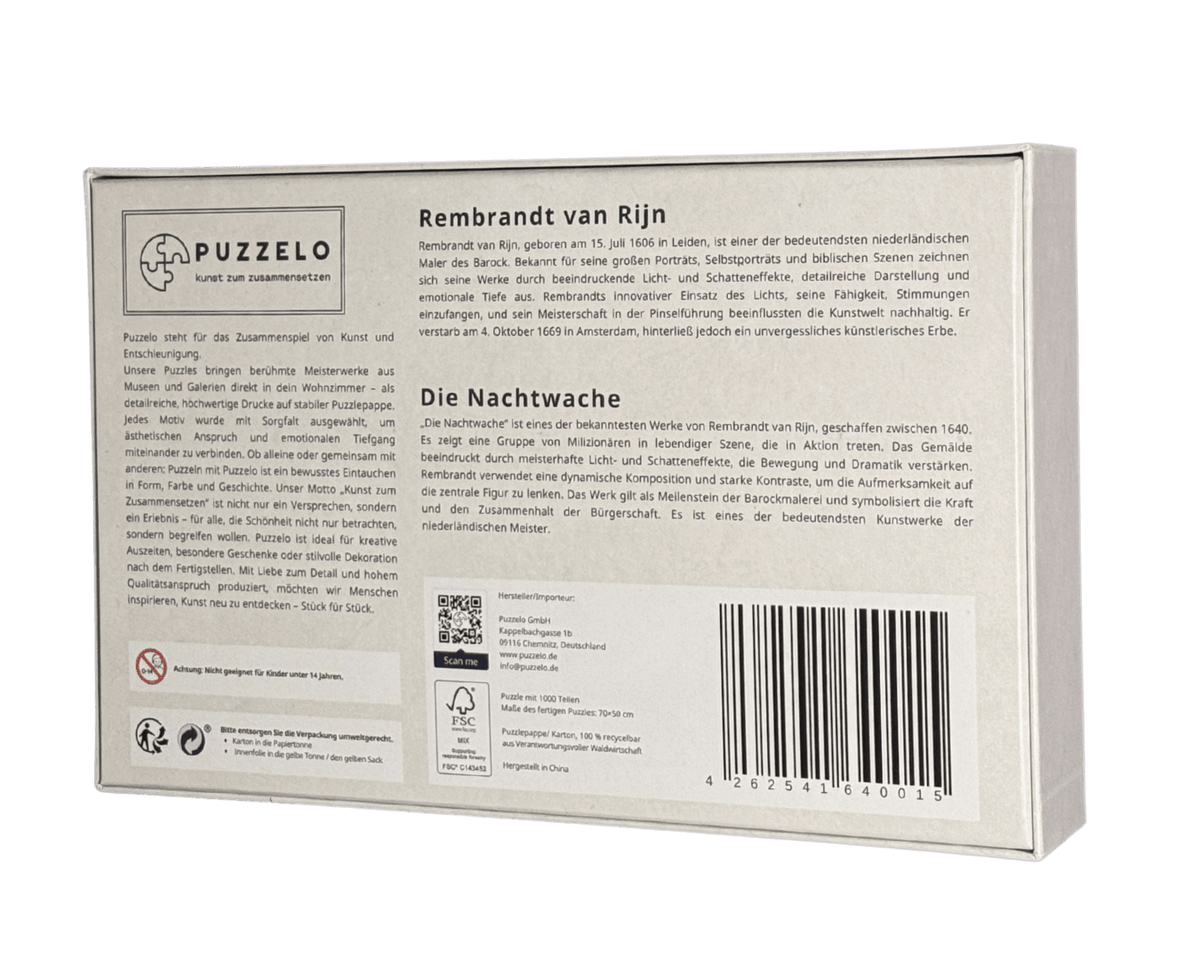 Die Nachtwache – Rembrandt Puzzle Kunstwerk, 1000 Teile, Verpackung Rückseite mit Details
