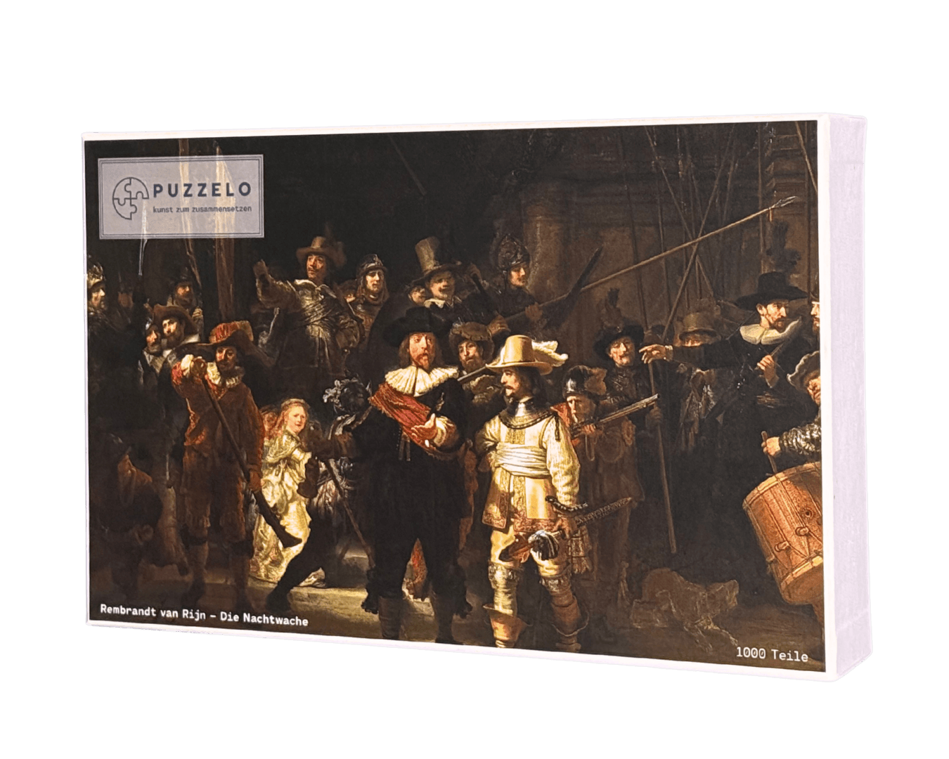 Die Nachtwache – Rembrandt Puzzle Kunstwerk, 1000 Teile, Verpackung Vorderseite