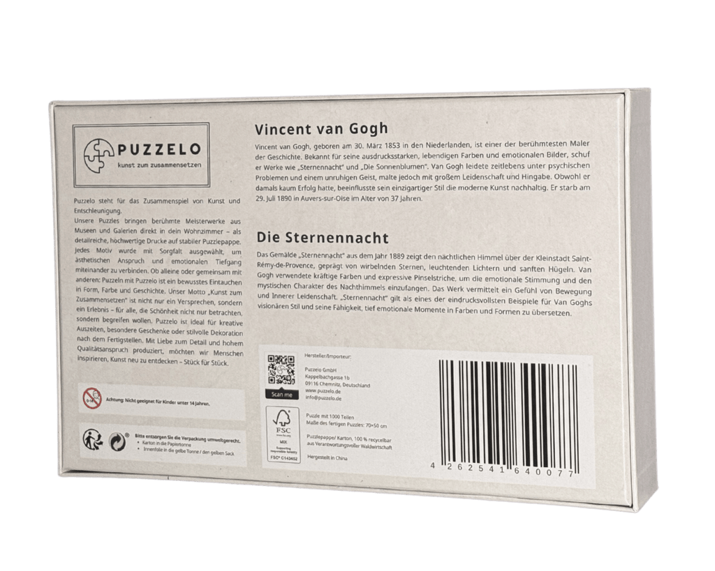 Die Sternennacht – Vincent van Gogh Puzzle Kunstwerk, 1000 Teile, Verpackung Rückseite mit Details