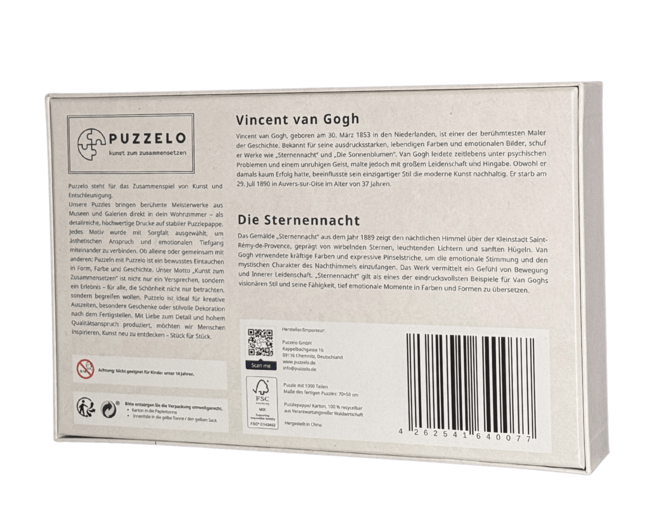 Die Sternennacht – Vincent van Gogh Puzzle Kunstwerk, 1000 Teile, Verpackung Rückseite mit Details