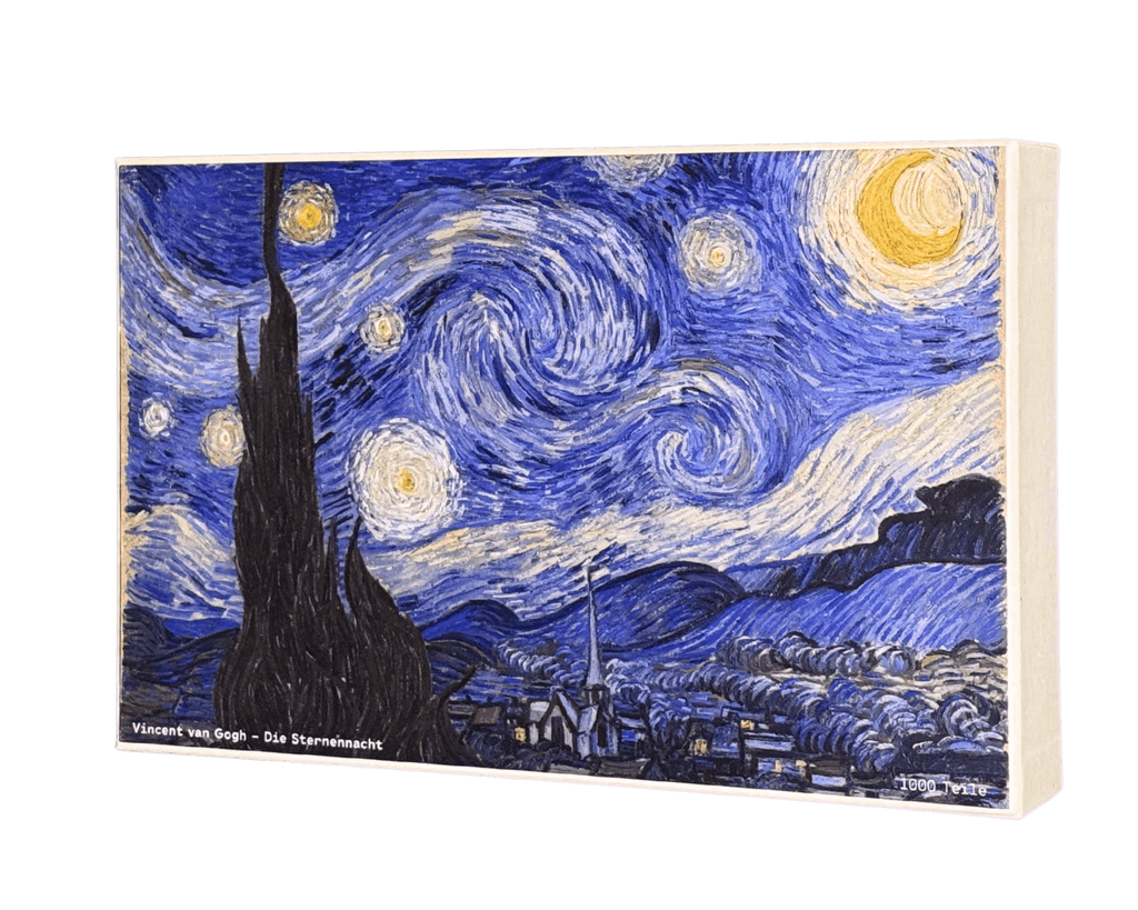 Die Sternennacht – Vincent van Gogh Puzzle Kunstwerk, 1000 Teile, Verpackung Vorderseite