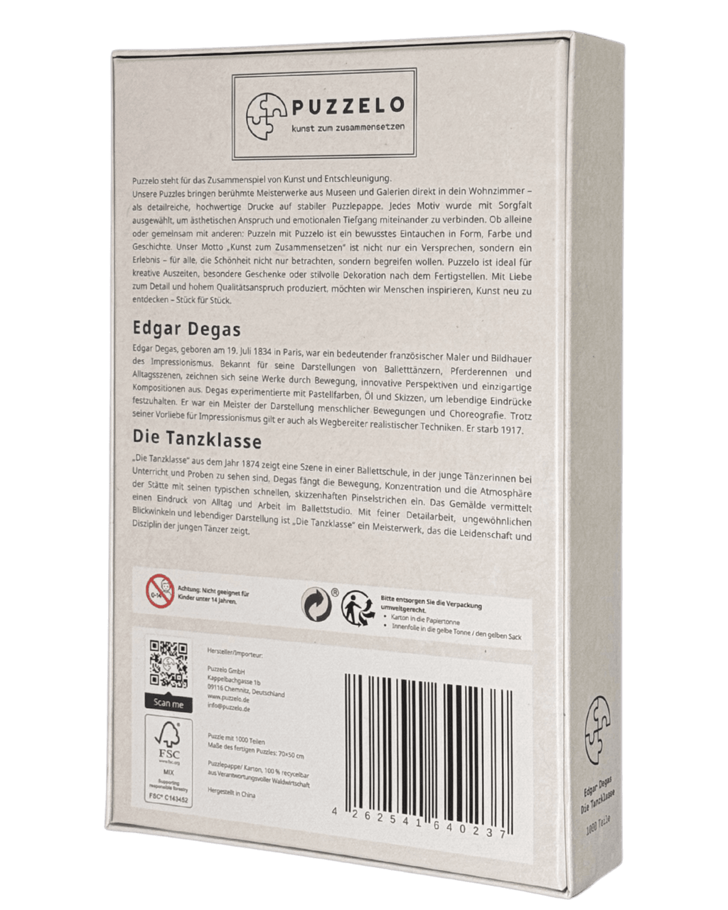 Die Tanzklasse – Edgar Degas Kunstpuzzle, 1000 Teile, Verpackung Rückseite mit Details“