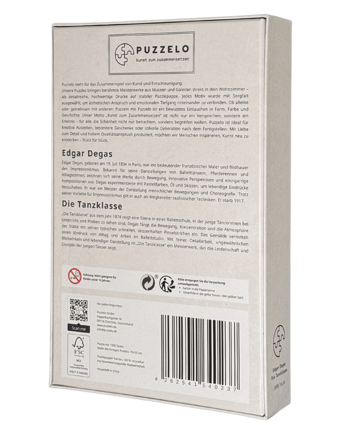 Die Tanzklasse – Edgar Degas Kunstpuzzle, 1000 Teile, Verpackung Rückseite mit Details“