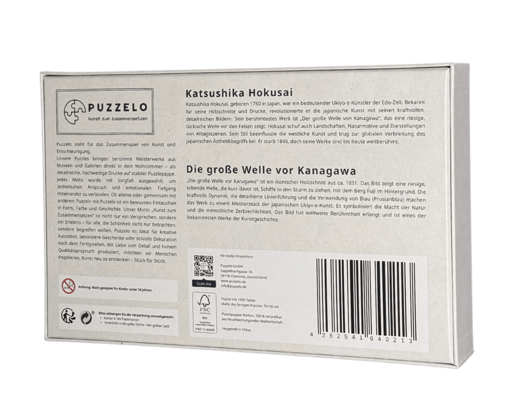 Die große Welle vor Kanagawa – Hokusai Puzzle Kunstwerk, 1000 Teile, Verpackung Rückseite mit Details