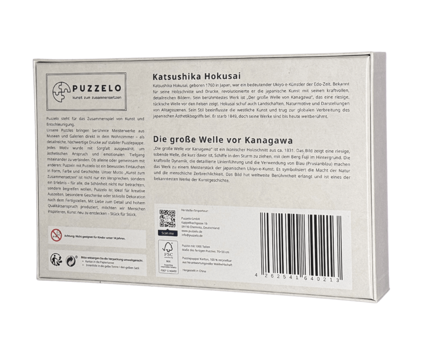 Die große Welle vor Kanagawa – Hokusai Puzzle Kunstwerk, 1000 Teile, Verpackung Rückseite mit Details