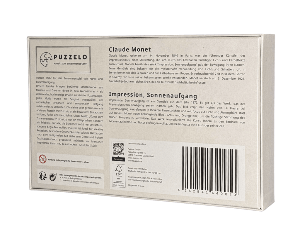 Impression, Sonnenaufgang – Claude Monet Puzzle Kunstwerk, 1000 Teile, Verpackung Rückseite mit Details