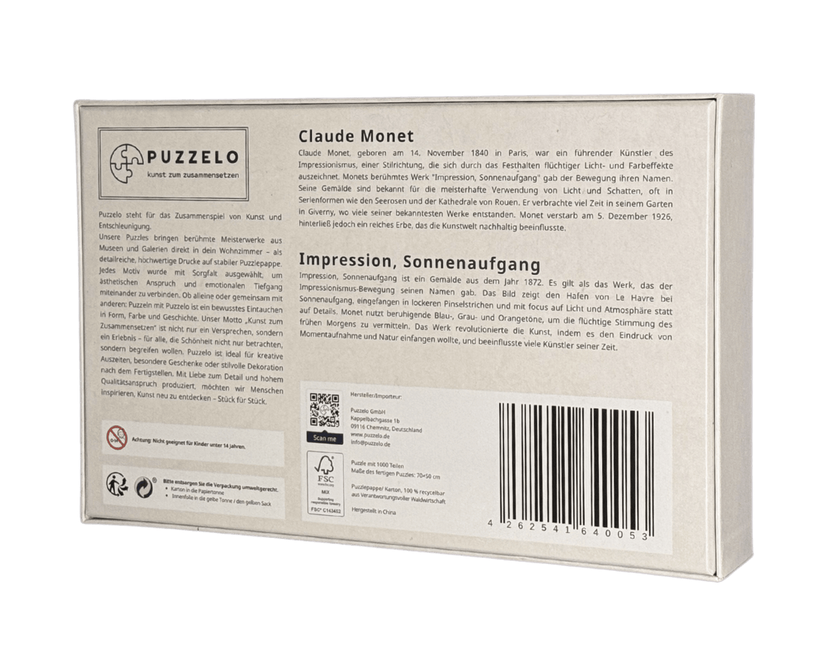 Impression, Sonnenaufgang – Claude Monet Puzzle Kunstwerk, 1000 Teile, Verpackung Rückseite mit Details