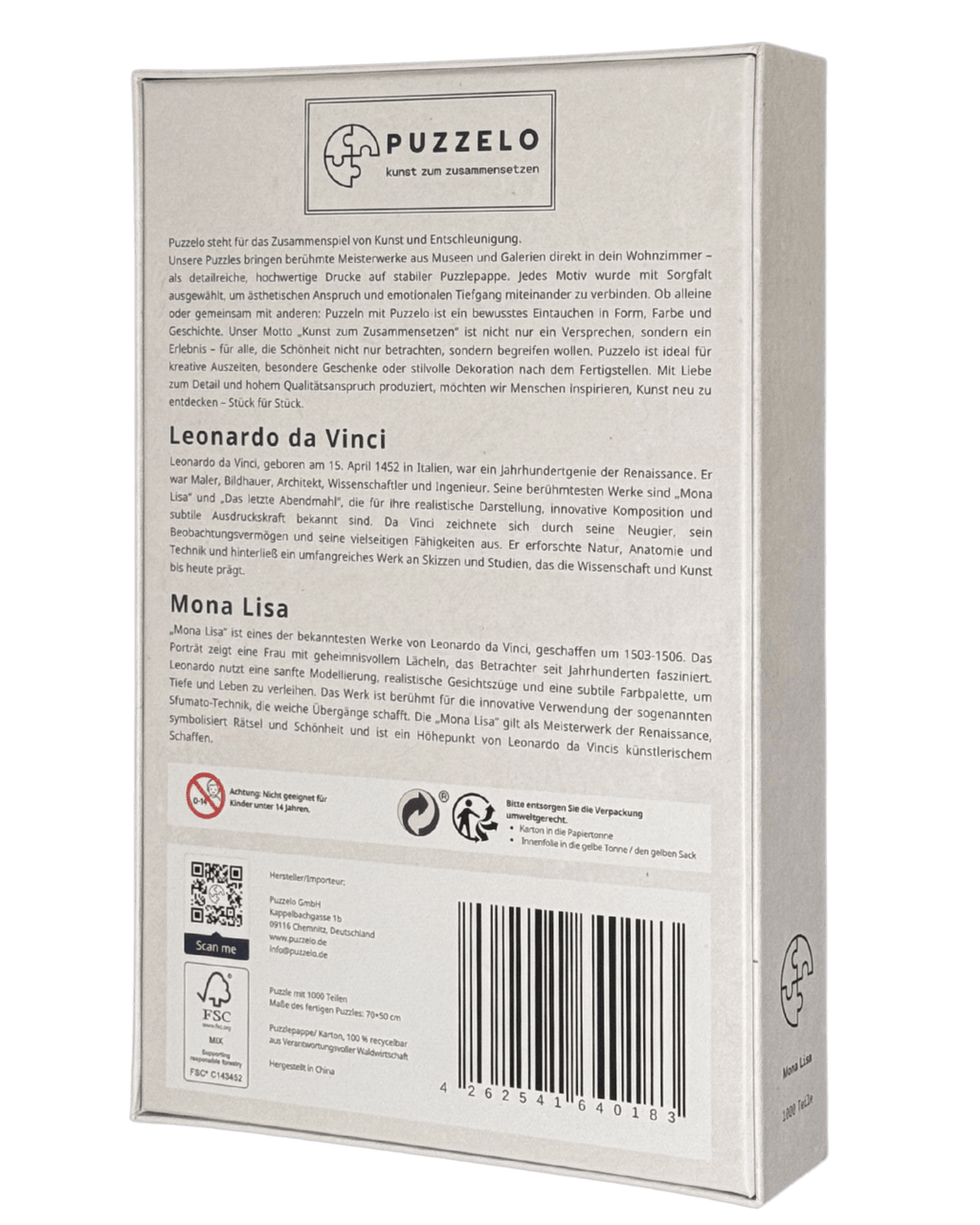 Mona Lisa – Leonardo da Vinci Puzzle Kunstwerk, 1000 Teile, Verpackung Rückseite mit Details