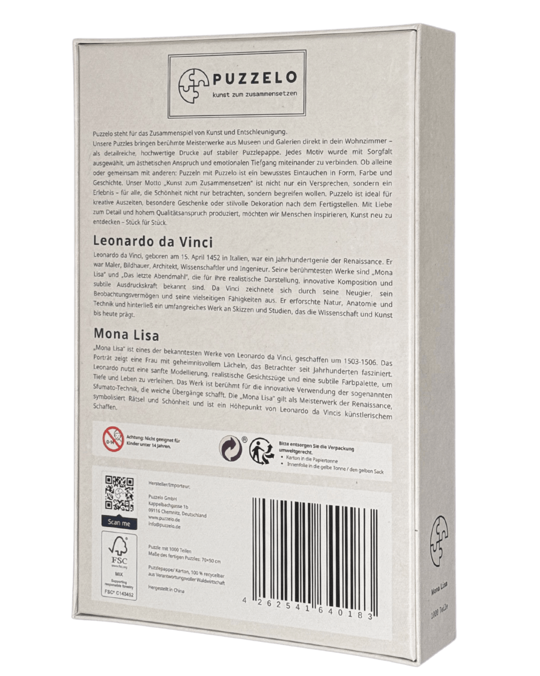 Mona Lisa – Leonardo da Vinci Puzzle Kunstwerk, 1000 Teile, Verpackung Rückseite mit Details