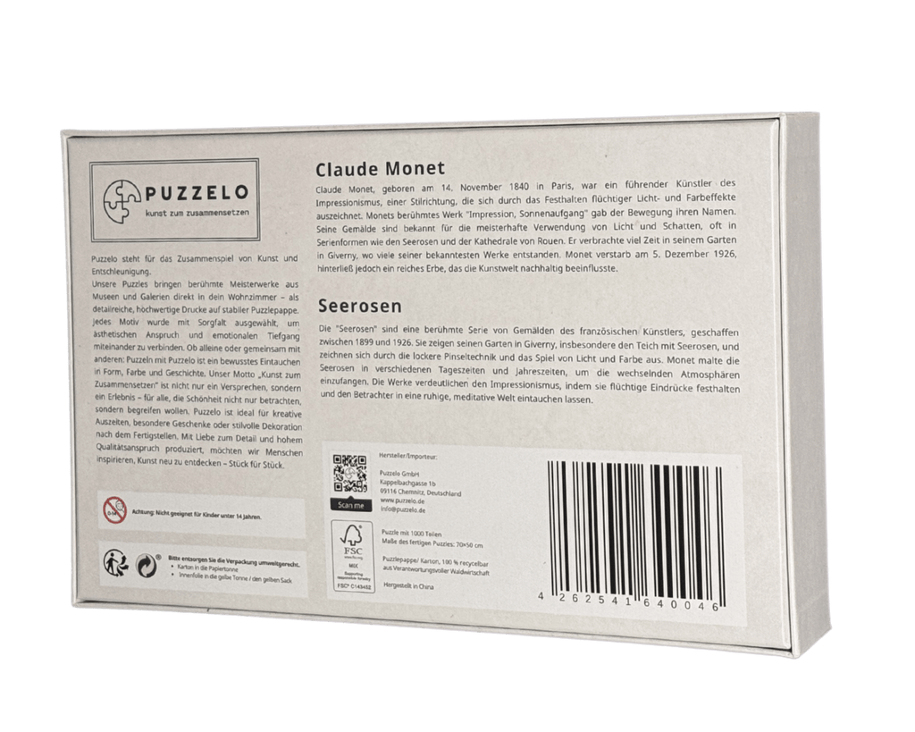 Seerosen – Claude Monet Puzzle Kunstwerk, 1000 Teile, Verpackung Rückseite mit Details