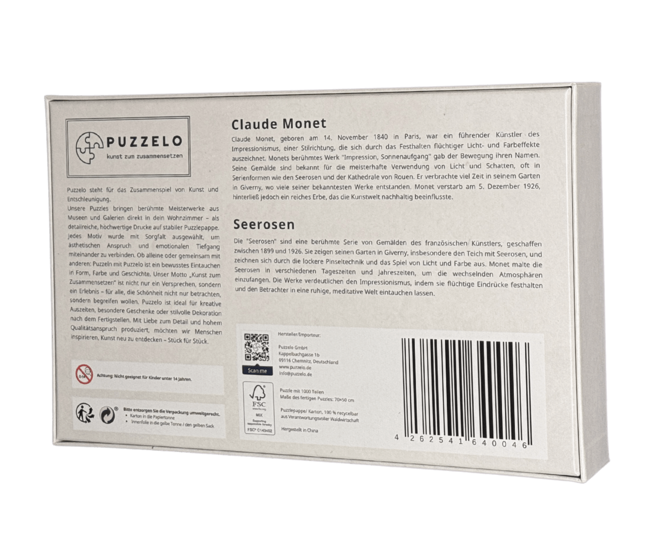 Seerosen – Claude Monet Puzzle Kunstwerk, 1000 Teile, Verpackung Rückseite mit Details