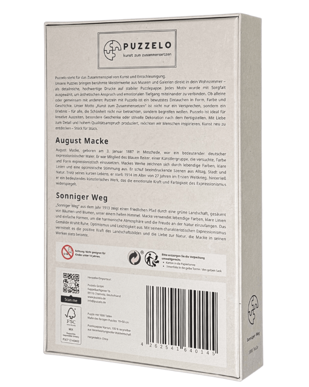 Sonniger Weg – August Macke Puzzle Kunstwerk, 1000 Teile, Verpackung Rückseite mit Details