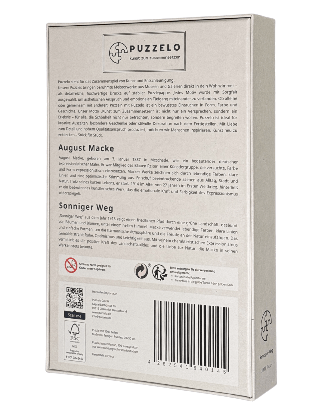 Sonniger Weg – August Macke Puzzle Kunstwerk, 1000 Teile, Verpackung Rückseite mit Details
