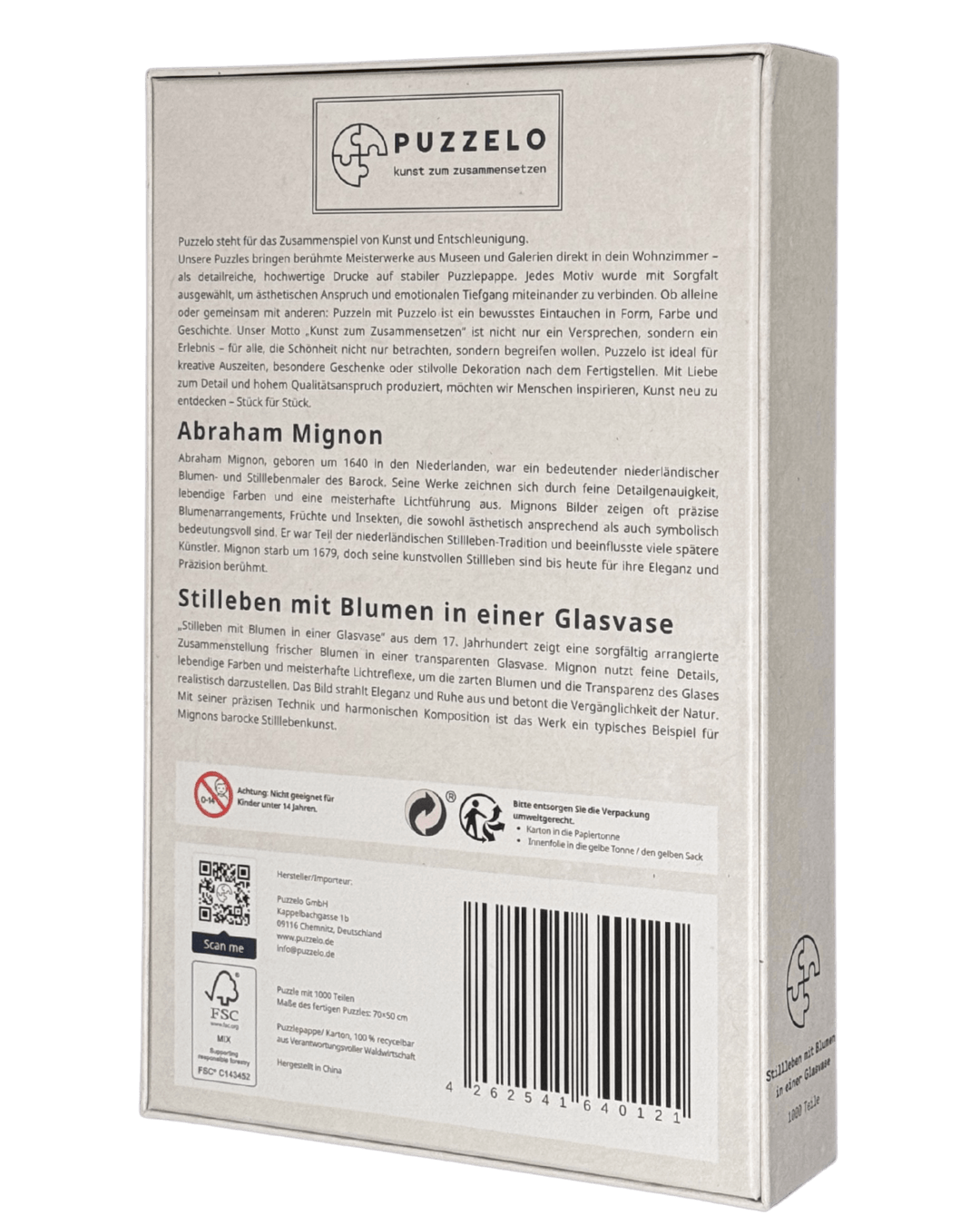 Blumen in einer Glasvase – Abraham Mignon Puzzle Kunstwerk, 1000 Teile, Verpackung Rückseite mit Details