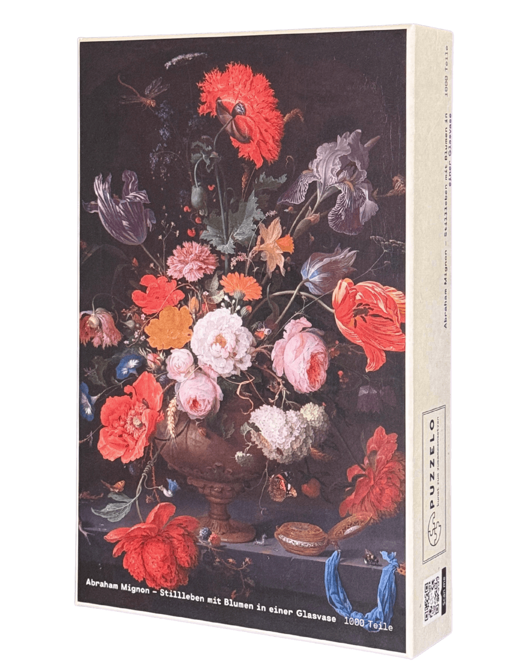 Blumen in einer Glasvase – Abraham Mignon Puzzle Kunstwerk, 1000 Teile, Verpackung Vorderseite