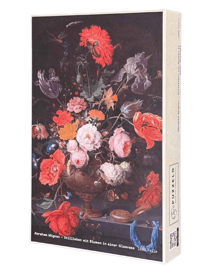 Blumen in einer Glasvase – Abraham Mignon Puzzle Kunstwerk, 1000 Teile, Verpackung Vorderseite