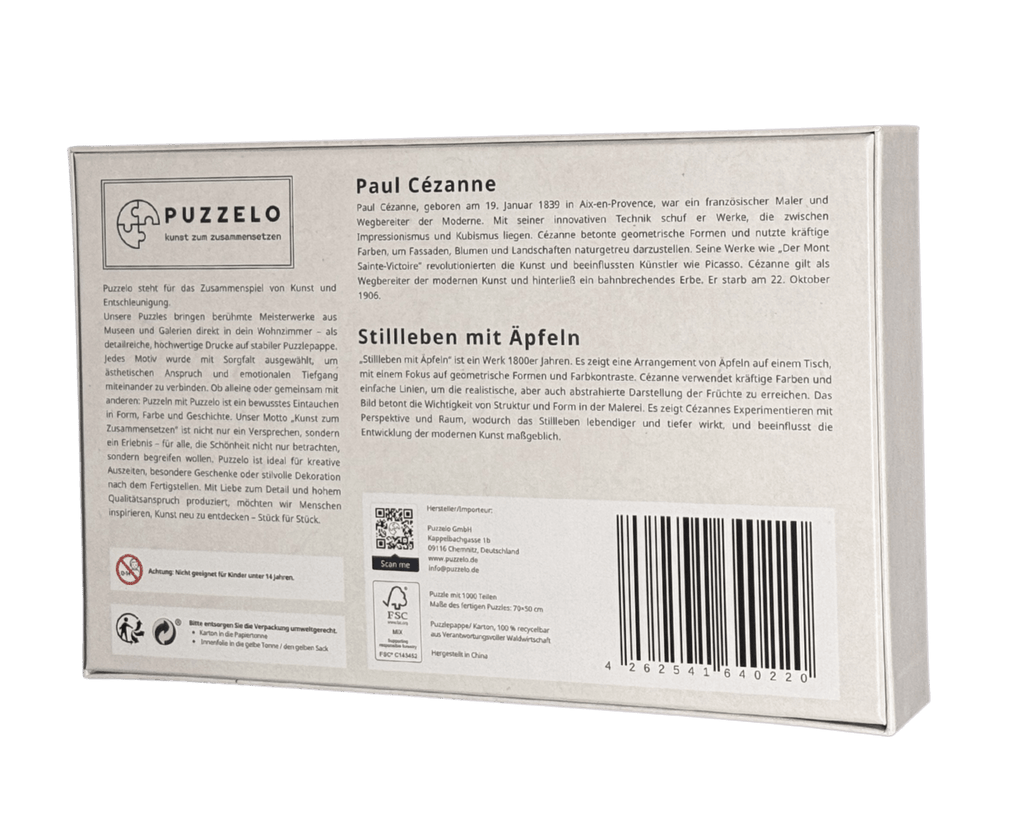 Stillleben mit Äpfeln – Paul Cézanne Kunstpuzzle, 1000 Teile, Verpackung Rückseite mit Details