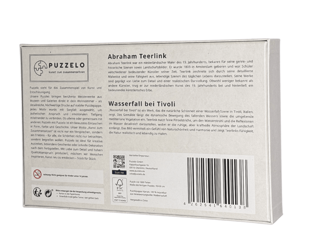 Wasserfall bei Tivoli – Abraham Teerlink Puzzle Kunstwerk, 1000 Teile, Verpackung Rückseite mit Details
