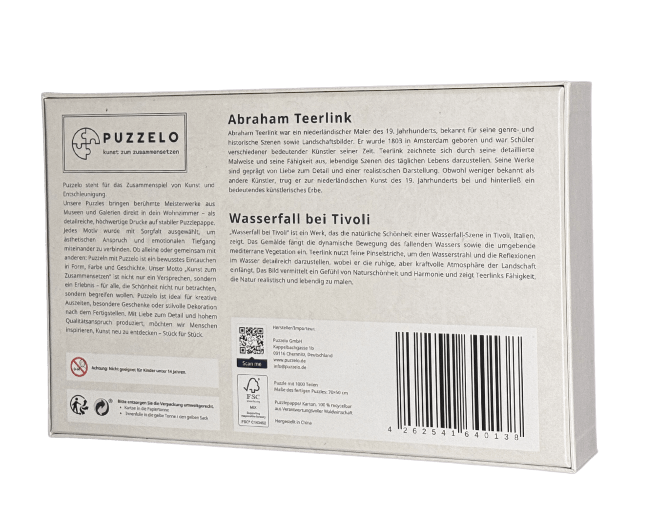Wasserfall bei Tivoli – Abraham Teerlink Puzzle Kunstwerk, 1000 Teile, Verpackung Rückseite mit Details
